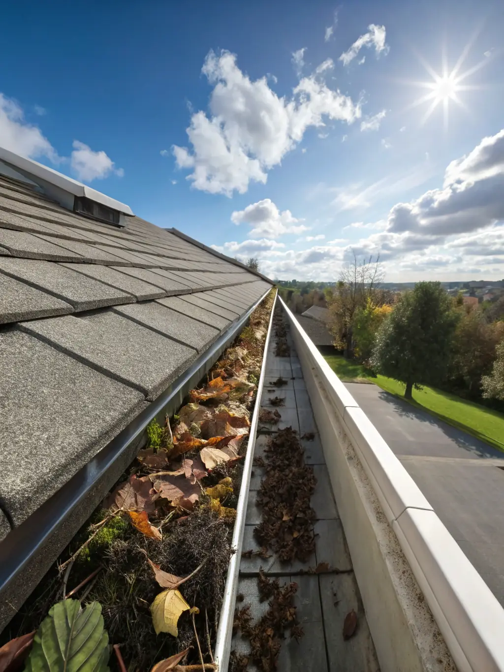 A before-and-after shot of a gutter system in Dunnellon, Florida, showing the removal of leaves and debris, preventing water damage.