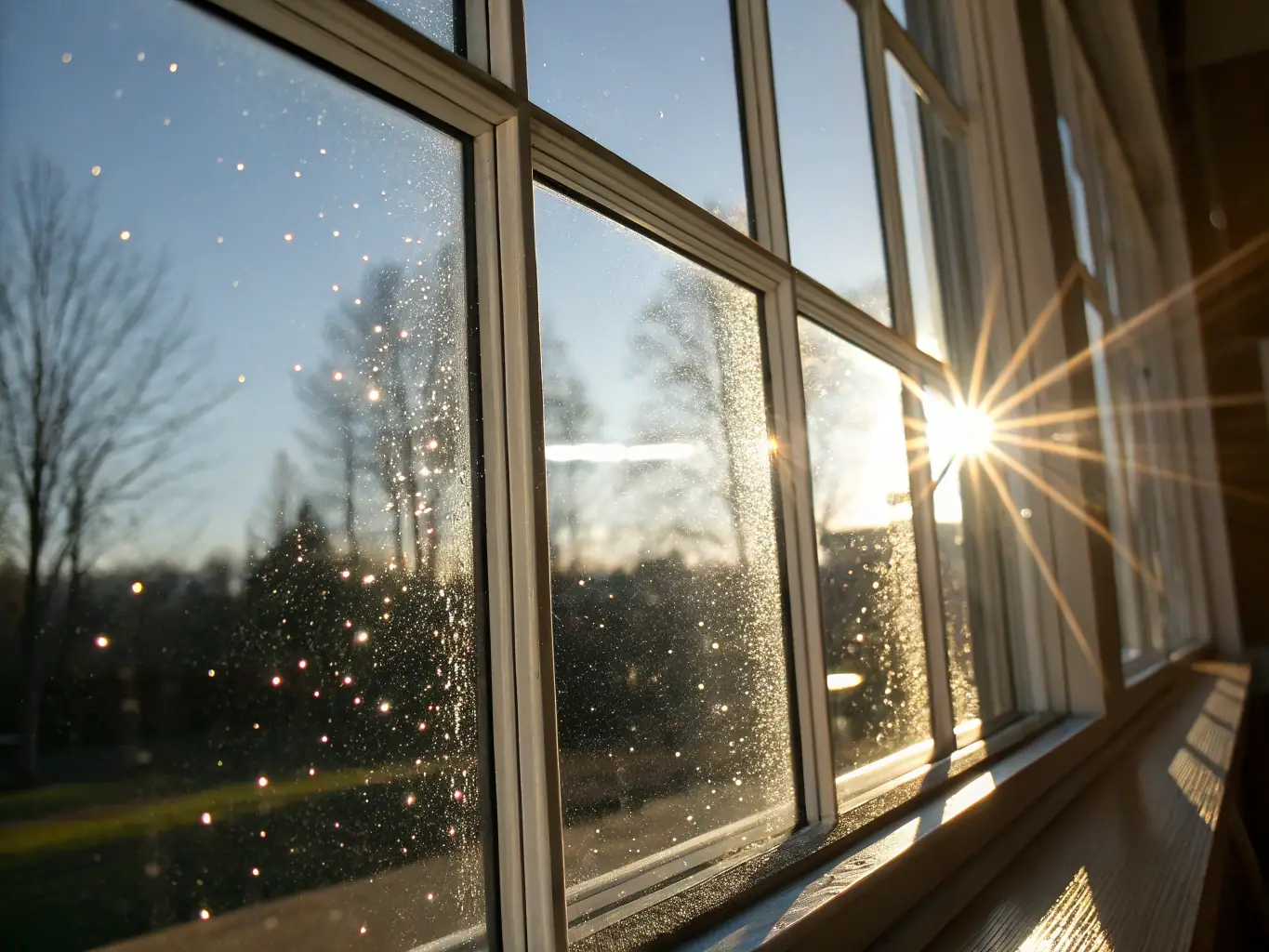 A residential window with sparkling clean glass, reflecting the surrounding landscape, showcasing the clarity achieved through professional window cleaning services.
