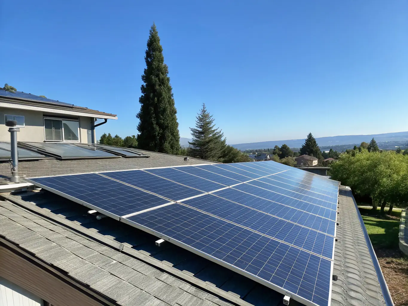 A set of clean solar panels on a residential roof, maximizing sunlight absorption and energy efficiency, demonstrating the benefits of regular solar panel cleaning.